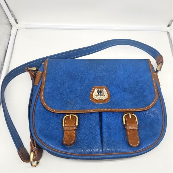 Lancel Handbags - LANCEL Vintage Blue Coated Textured Leather Tan Cartable Messenger Crossbody Bag